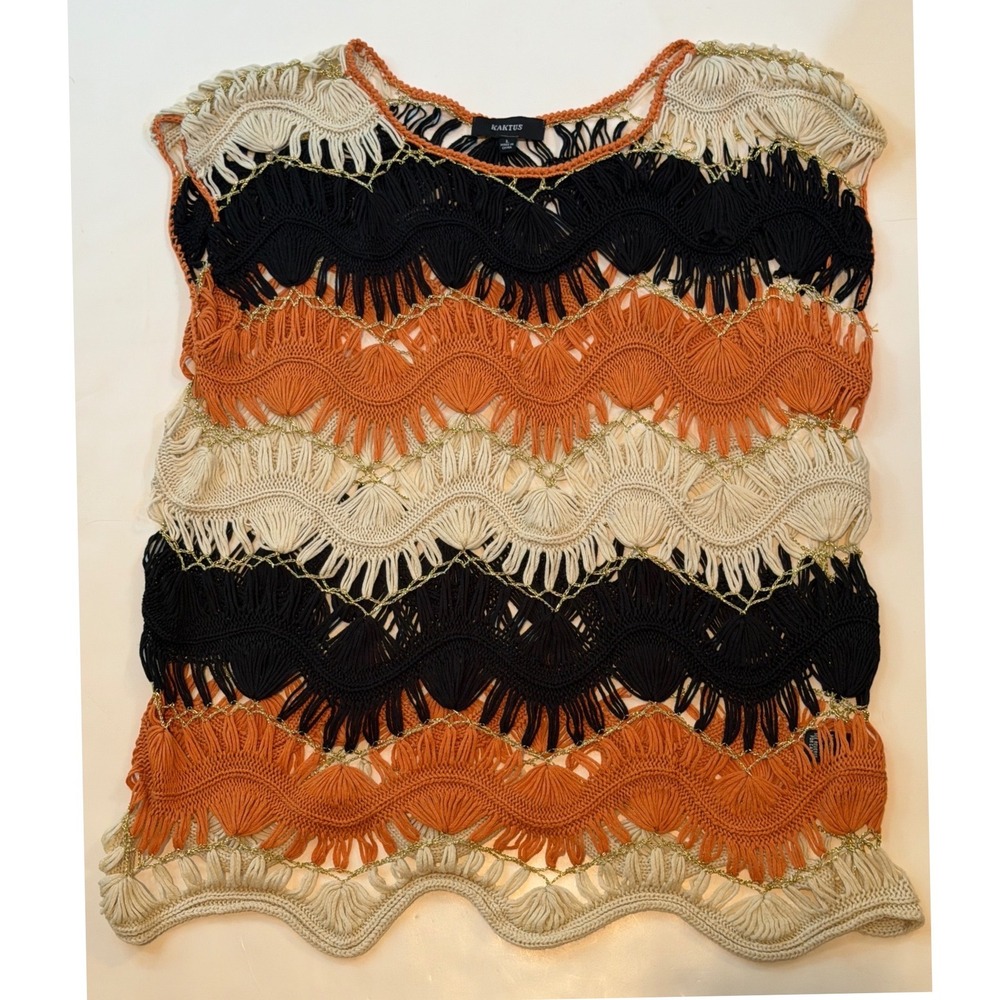 Kaktus Women L Boho Macrame Chevron Knit Top Black Orange Gold Metallic Accents